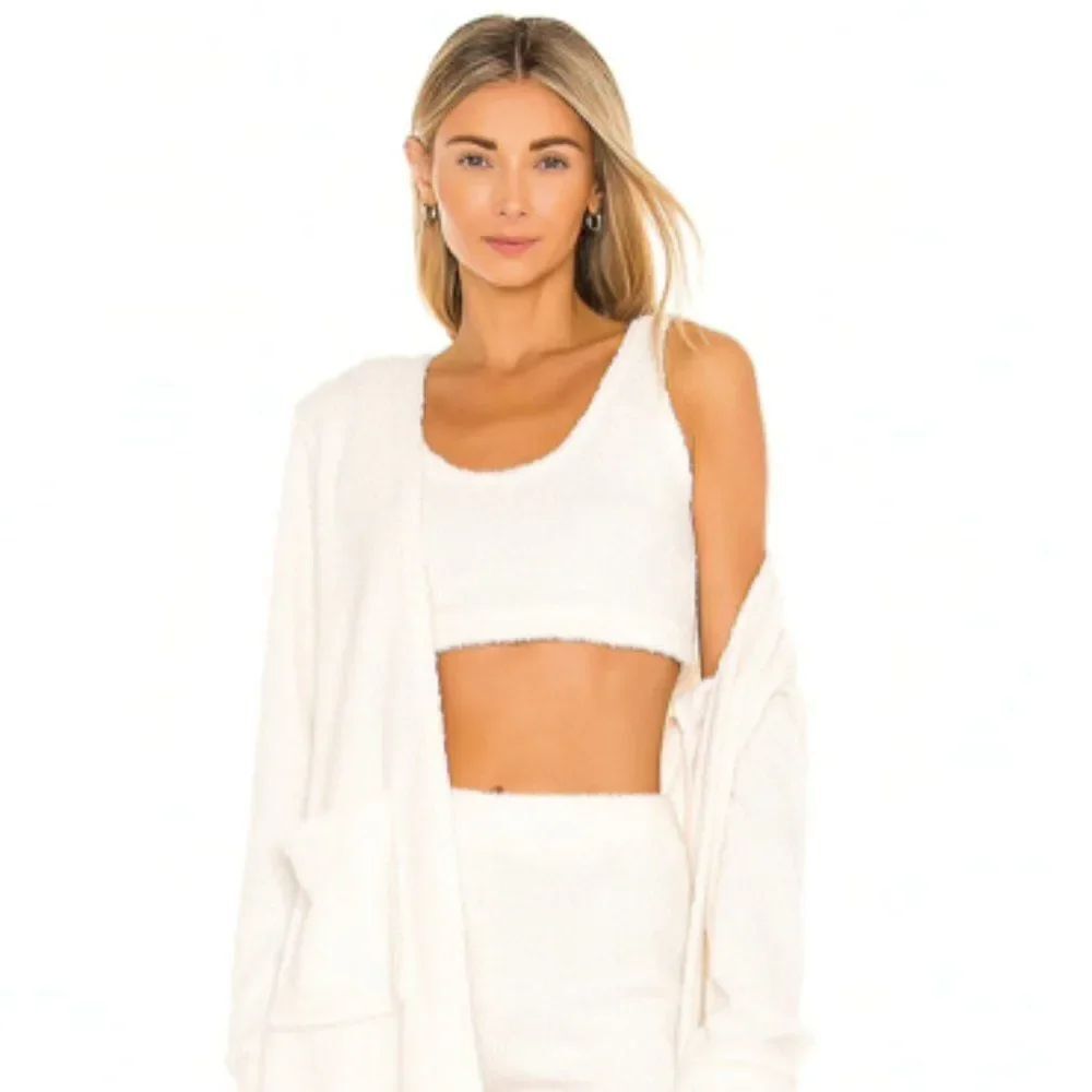 Lovers + Friends White Cozy Fuzzy Scoop Neck Crop Top L